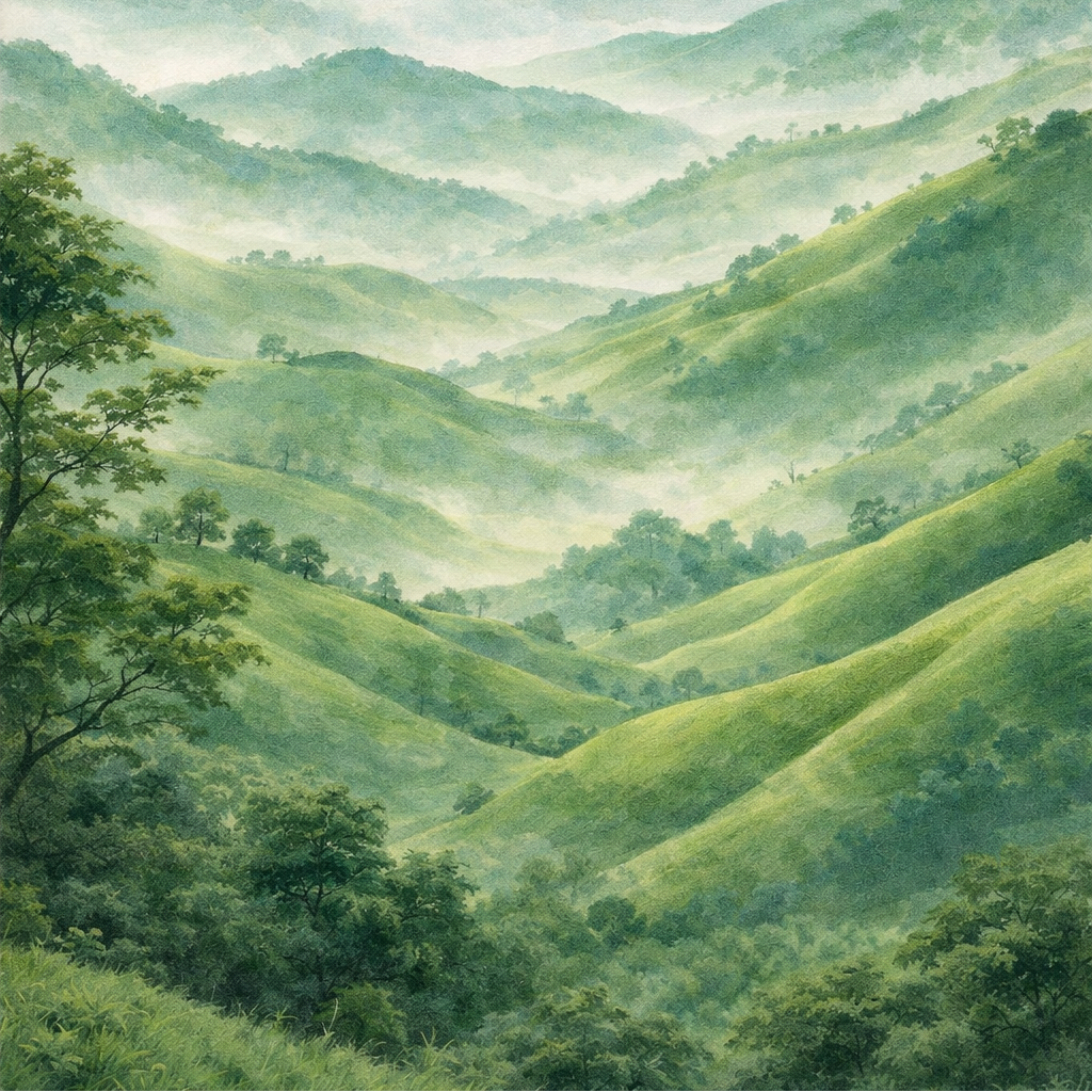Misty green hills and valleys with trees under a light blue sky.