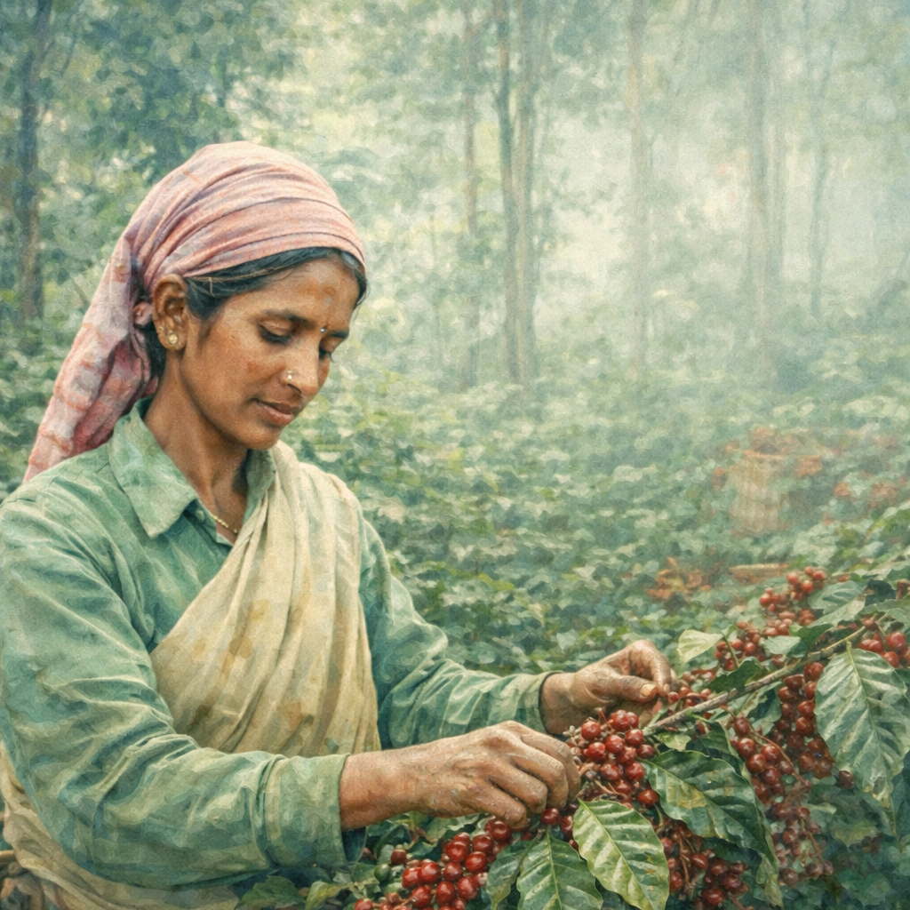 Woman picking coffee beans in a coffee plantation